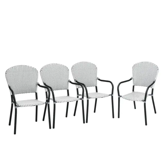 Set of 4 Patio Rattan Stackable Dining Chair with Armrest for Garden-White {3}