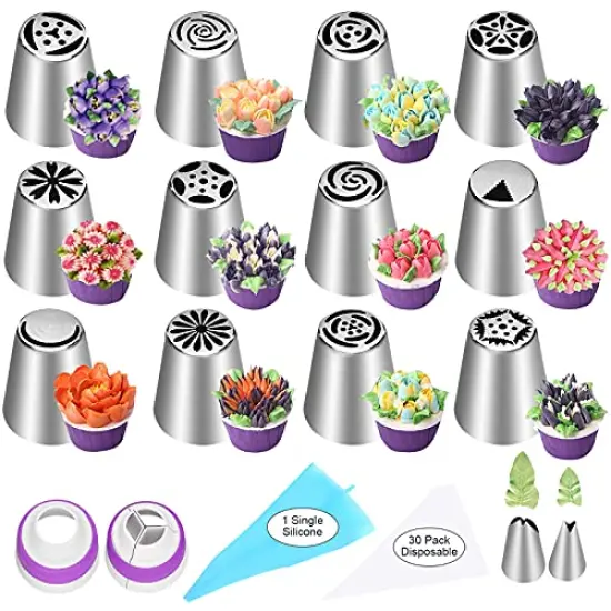 47 Pcs Russian Piping Tips Set, 12 Flower Frosting Nozzles Icing Tips for Cake Decorating Tips Kit, Baking Supplies for Cookie Cupcake, 2 Leaf Piping Tips 2 Couplers 30 Pastry Baking Bags YLYL {1}