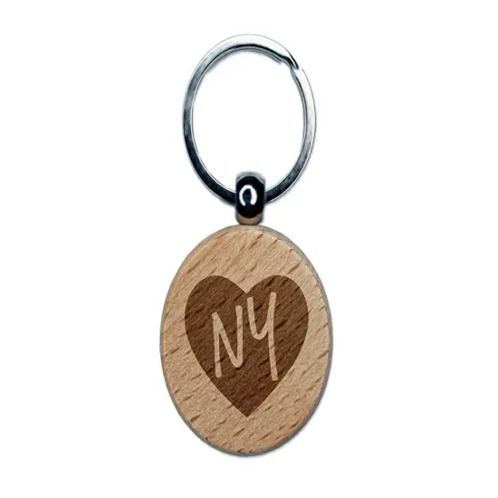 NY New York State in Heart Engraved Wood Round Keychain Tag Charm {1}