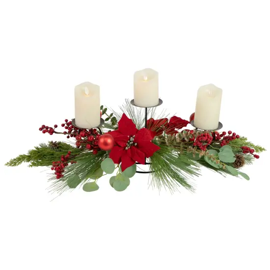 Northlight Poinsettia and Berries Christmas Tripe Pillar Candle Holder - 32" Green {1}