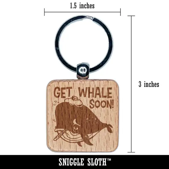Get Well Soon Sick Whale with Thermometer and Ice Pack Engraved Wood Square Keychain Tag Charm {2}
