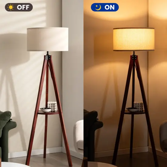Brown Rubber Wood Linen Tripod Floor Lamp with Shelf and E26 Socket for Living Room and Bedroom {6}