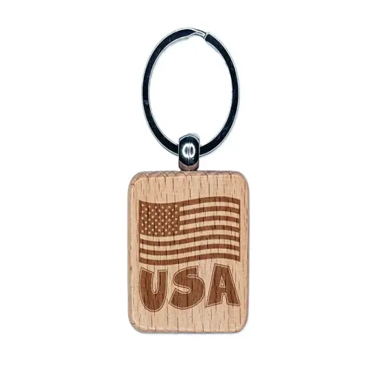 USA United States of America with Waving Flag Cute Engraved Wood Square Keychain Tag Charm {1}