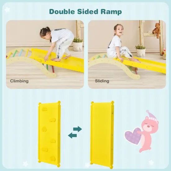 3-in-1 Kids Climber Set Wooden Arch Triangle Rocker with Ramp and Mat Yellow {3}