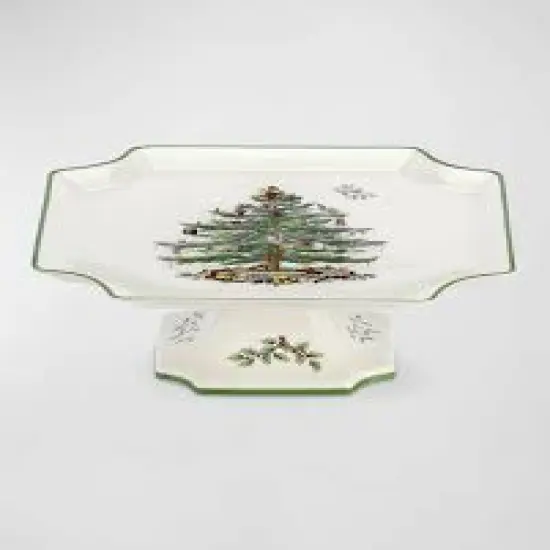 Christmas Tree Fine Porcelain 10 Inch Footed Square Cake Plate. {3}