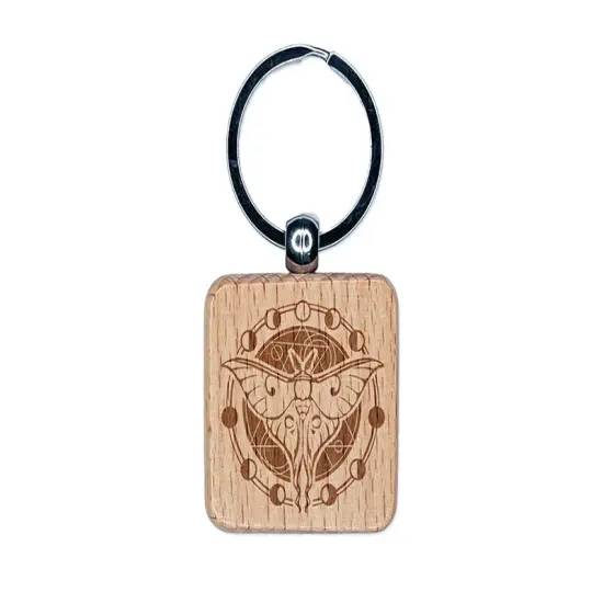 Lunar Moth Moon Phases Waning Waxing Crescent Engraved Wood Square Keychain Tag Charm {1}