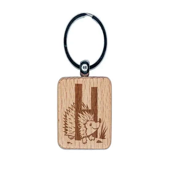 Animal Alphabet Letter H for Hedgehog Engraved Wood Square Keychain Tag Charm {1}