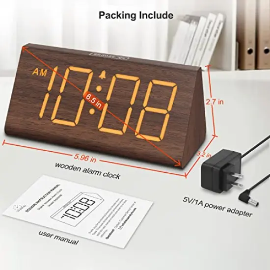 Wooden Digital Alarm Clocks for Bedrooms - Electric Desk Clock with Large Numbers, USB Port, Battery Backup Alarm, Adjustable Volume, Dimmer, Snooze, DST, 12/24H, Wood D&eacute;cor (Brown) {2}