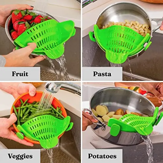 Snap N Strain Pot Strainer and Pasta Strainer Cooking Gadgets - Adjustable Silicone Clip On Strainer for Pots, Pans, & Bowls - Perfect Cooking Gifts for Women, Kitchen Gifts - Lime Green {1}