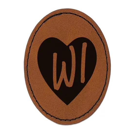 WI Wisconsin State in Heart Round Iron-On Engraved Faux Leather Patch Applique - 2.5" Brown {1}