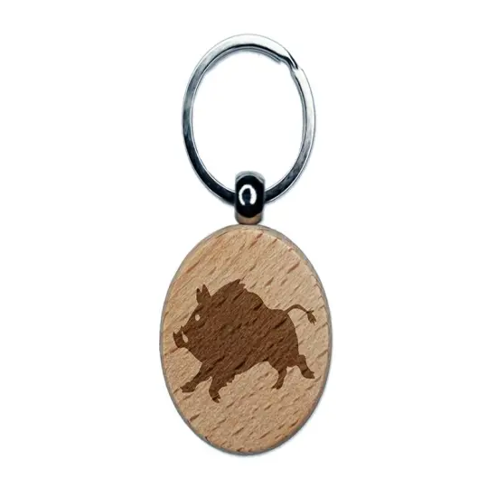 Wild Boar Pig Swine with Tusks Engraved Wood Round Keychain Tag Charm {1}