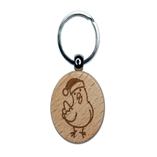Santa Christmas Chicken Engraved Wood Round Keychain Tag Charm {1}