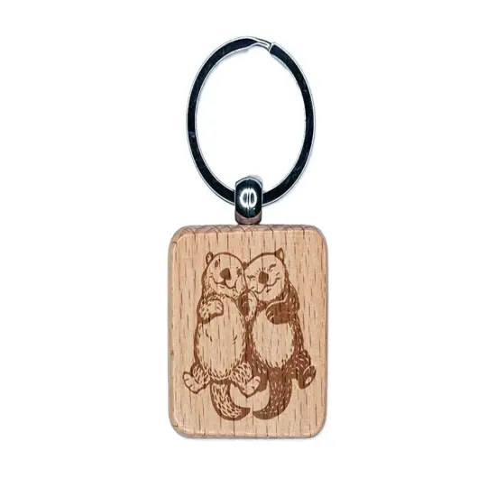 Otter Couple Holding Hands Love Anniversary Valentine's Day Engraved Wood Square Keychain Tag Charm {1}