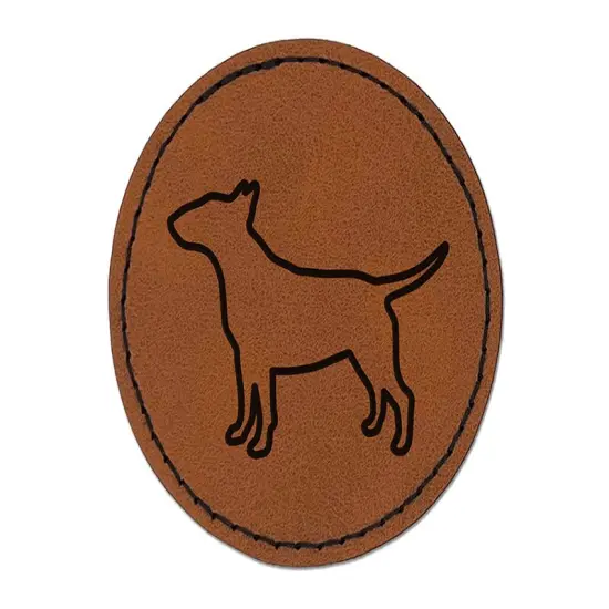 Bull Terrier Dog Outline Round Iron-On Engraved Faux Leather Patch Applique - 2.5" Brown {1}