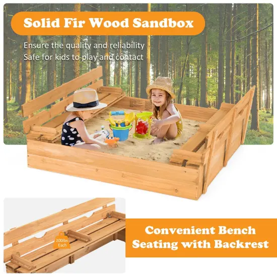 Kids Wooden Sandbox with 2 Foldable Bench Seats {5}