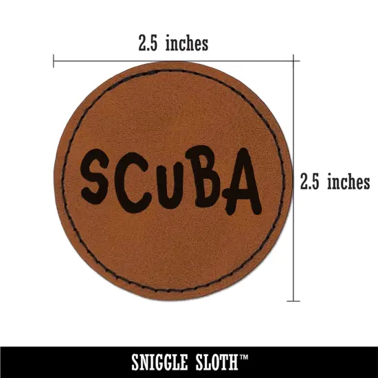 Scuba Diving Diver Fun Text Round Iron-On Engraved Faux Leather Patch Applique - 2.5" Brown {3}