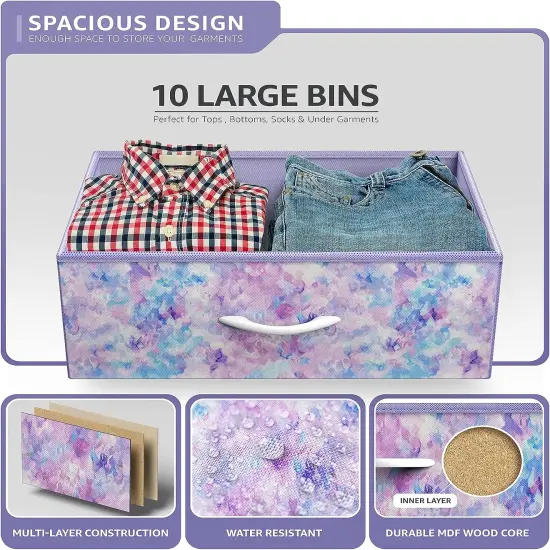 Sorbus Dresser with 10 Drawers - Storage Unit Organizer Chest for Clothes - Bedroom, Room, Nursery, & Closet - Steel Frame, Wood Top & Handles, and Easy Pull Fabric Bins Tie Dye Purple {6}