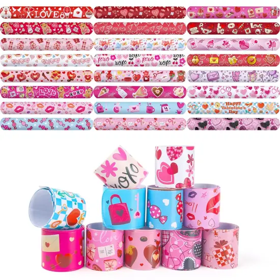 48 Pieces Valentines Day Slap Bracelets, Red Slap Wristbands Assorted Valentine Snap Bracelets for Kids Gift Exchange Valentine Party Favors {2}