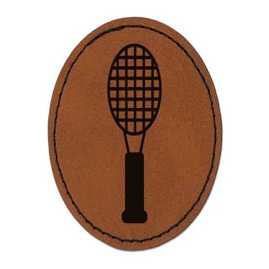 Tennis Racket Doodle Round Iron-On Engraved Faux Leather Patch Applique - 2.5" Brown {1}