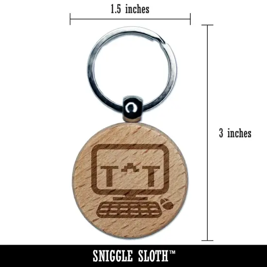 Crying Kawaii Computer Face Emoticon Engraved Wood Round Keychain Tag Charm {2}