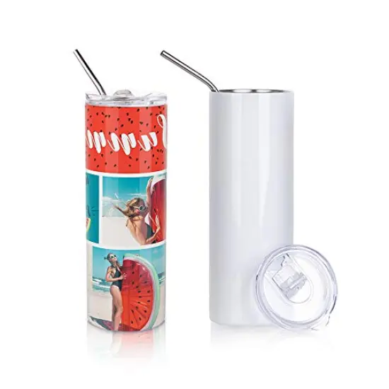2 Pieces Sublimation Blanks Skinny Tumbler White 20 OZ Straight Double Wall Stainless Steel Tumbler with Metal Straw Tumbler Cups for Tumbler Heat Press Machine Heat Transfer {3}