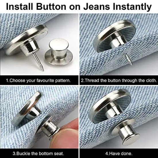 8 Sets Button Pins for Jeans Pants, No Sew Perfect Fit Jean Button Tightener Replacement Adjustable Reusable Metal Clips Snap Tack, Instant Reduce Too Big Pants Waist {4}