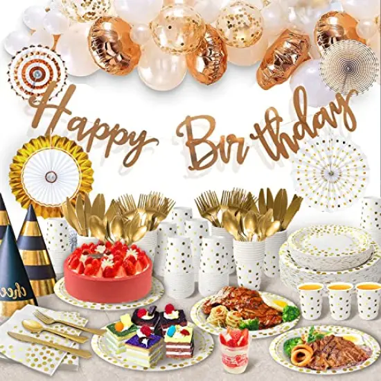 350 Pieces White and Gold Plastic Dinnerware Set, Includes 9" Dinner Plates, 7" Dessert Plates, 9oz Cups, Napkins, Forks, Knives, Spoons {3}