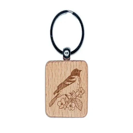 Baltimore Oriole Bird in Flowering Tree Engraved Wood Square Keychain Tag Charm {1}