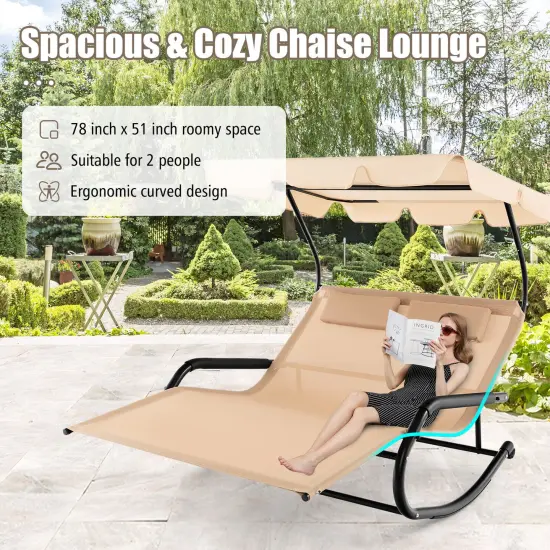 Outdoor 2 Persons Rocking Chaise Lounge with Canopy and Wheels-Beige {5}