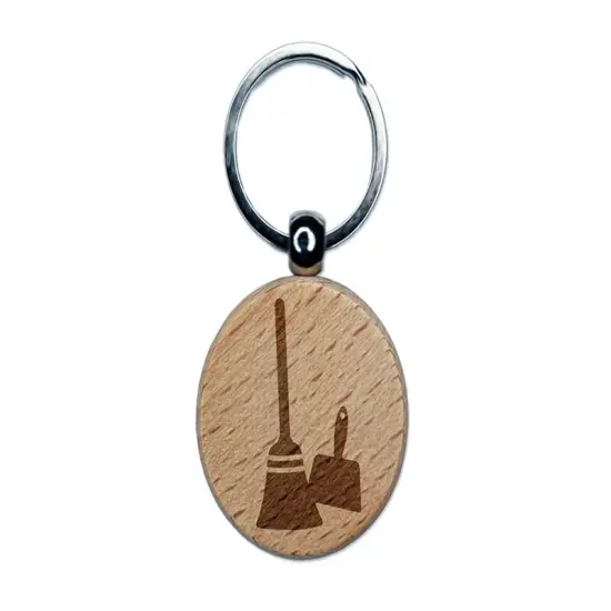 Broom and Dustpan Cleaning Engraved Wood Round Keychain Tag Charm {1}