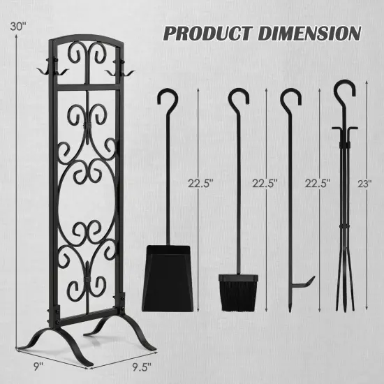 5 Piece Wrought Iron Fireplace Tools with Decor Holder-Black {4}