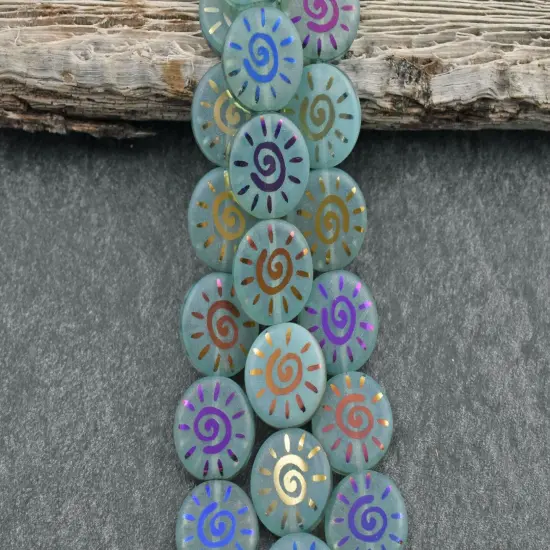 *8* 14mm Aqua Opaline Satin Sliperit Laser Tattoo Sun Coin Beads {5}