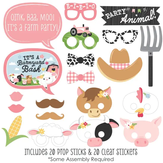 Big Dot of Happiness Girl Farm Animals - Pink Barnyard Baby Shower or Birthday Party Photo Booth Props Kit - 20 Count {3}