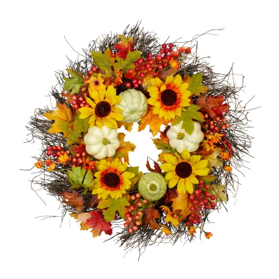 Northlight Sunflowers and Gourds Artificial Fall Harvest Wreath - 26" - Unlit Yellow {3}