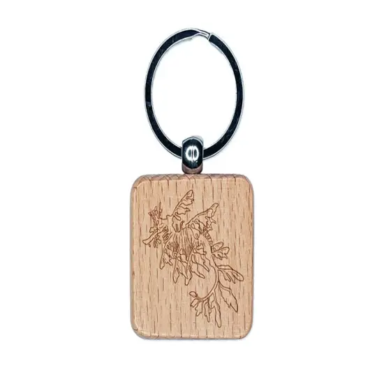 Elegant Leafy Seadragon Seahorse Engraved Wood Square Keychain Tag Charm {1}