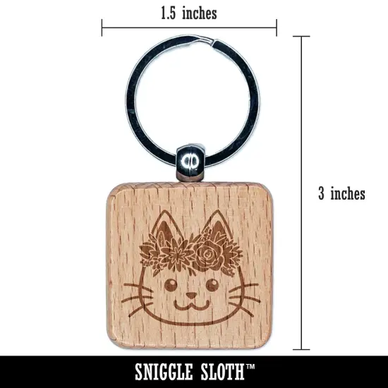Cat Wearing a Flower Crown Engraved Wood Square Keychain Tag Charm {2}