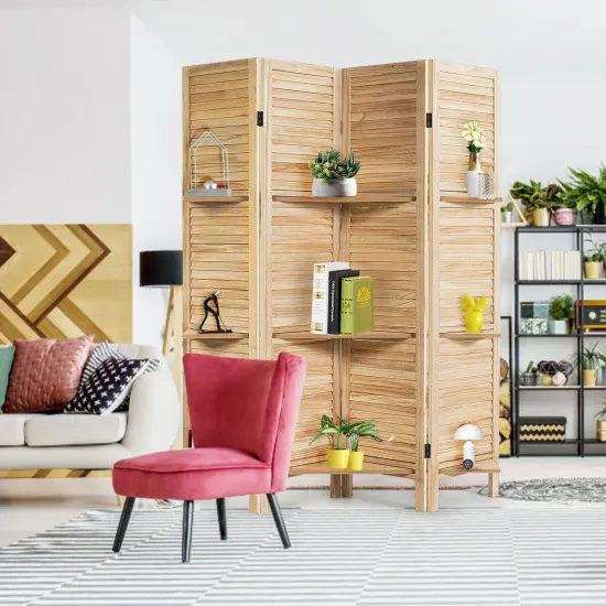4 Panel Folding Room Divider Screen with 3 Display Shelves Brown {6}