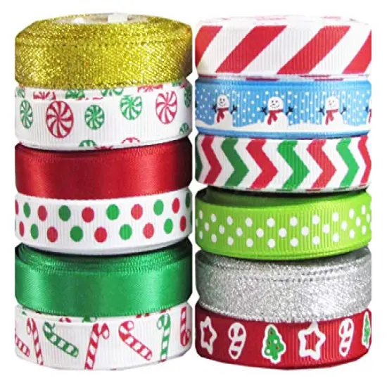 Q-YO Holiday Christmas Grosgrain Ribbon Set for Gift Package Wrapping, Hair Bow Clip Accessory Making, Crafting, Wedding Decor. (60yd(12x5yd) 3/8" Grosgrain Ribbon-Xmas) {1}