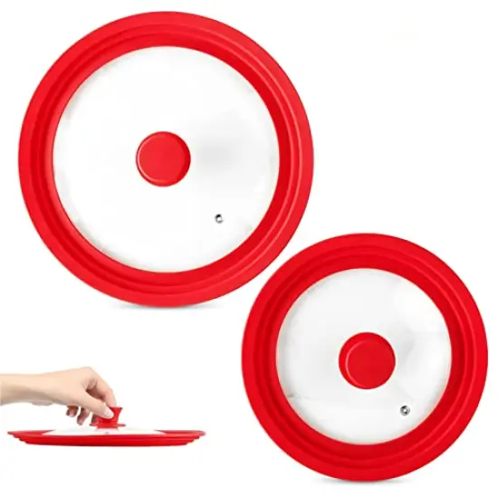(Set of 2)Universal LidsFits 7 to 12-Inch Cookware, Silicone Replacement Pan Lid, Glass Top Covers for Skillets, Pots, Frying Pans, Cast Iron - Red {1}