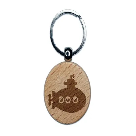 Cartoon Submarine Boat Aquatic Underwater Vehicle with Periscope and Propeller Engraved Wood Round Keychain Tag Charm {1}