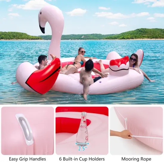 6 People Inflatable Flamingo Floating Island with 6 Cup Holders for Pool and River {3}