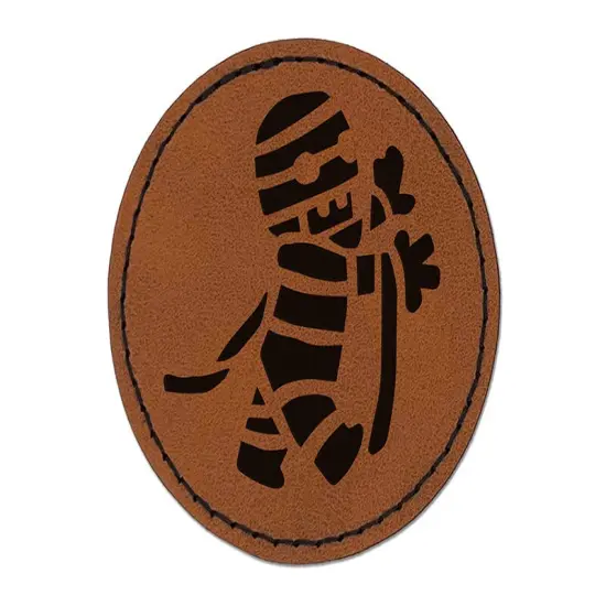 Cute Mummy Egyptian Monster Wrapped in Bandages Halloween Round Iron-On Engraved Faux Leather Patch Applique - 2.5" Brown {1}