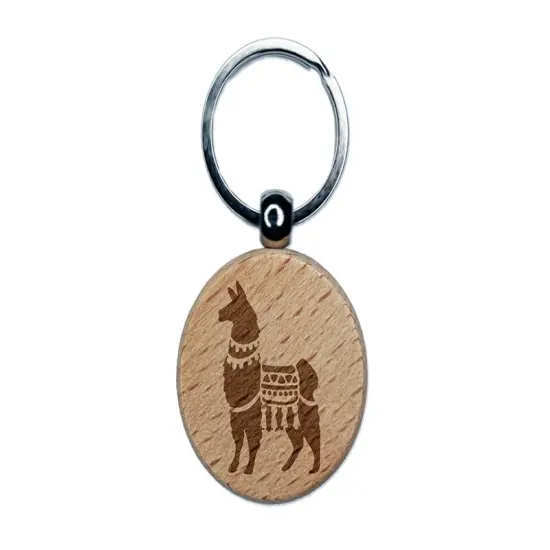 Fancy Llama with Geometric Blanket and Tassels Engraved Wood Round Keychain Tag Charm {1}