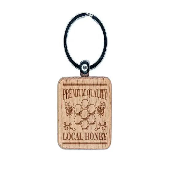 Premium Quality Local Honey with Bees and Honeycombs Engraved Wood Square Keychain Tag Charm {1}