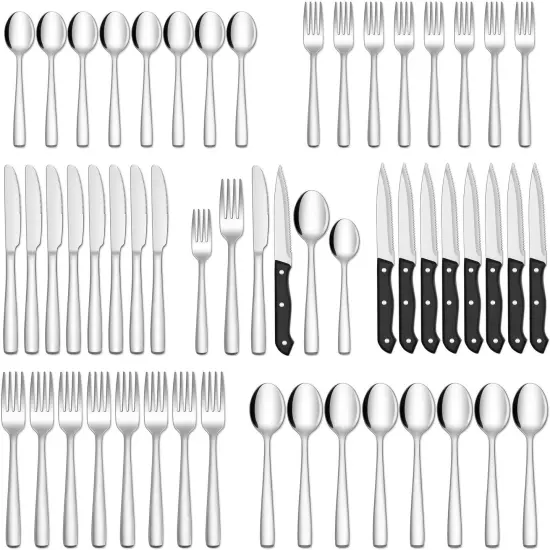 48 Pieces Silverware Set with Steak Knives for 8, Stainless Steel Flatware Cutlery Set For Home Kitchen Restaurant Hotel, Kitchen Utensils Set, Mirror Polished, Dishwasher Safe {1}