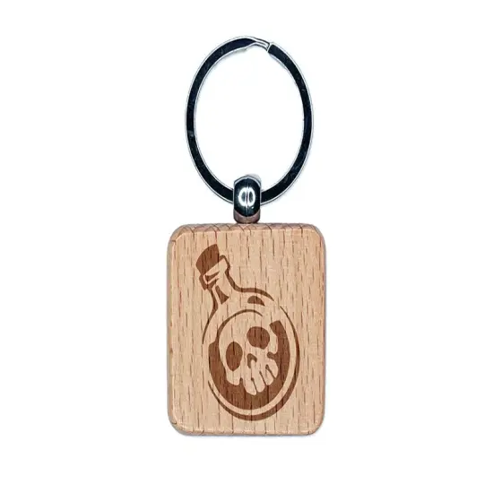 Skull Poison Potion Bottle Engraved Wood Square Keychain Tag Charm {1}