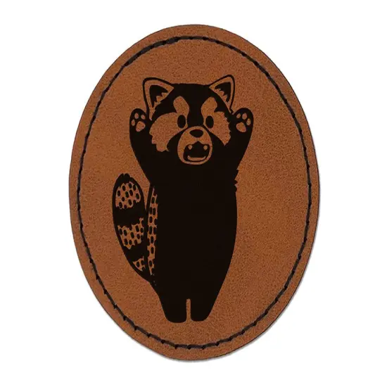 Surprised Red Panda Standing Round Iron-On Engraved Faux Leather Patch Applique - 2.5" Brown {1}
