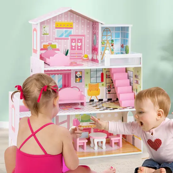 Costway Kids Wooden Dollhouse Playset with 5 Simulated Rooms & 10 Pieces of Furniture {2}