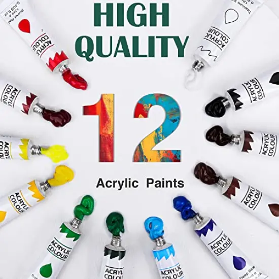 Acrylic Painting Set with 1 Packs / 10 PCS Nylon Hair Brushes 12 Color Tubes (12ml, 0.4 oz) 1 PCS Paint Plate and 4 PCS Canvas for Acrylic Painting Artist Professional Kits {6}