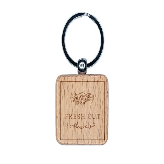 Elegant Fresh Cut Flowers Label Engraved Wood Square Keychain Tag Charm {1}